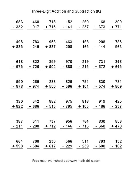 Three-Digit Addition and Subtraction (K) Worksheet
