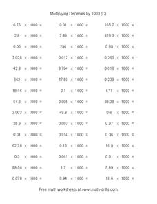 Multiplying Decimals by 1000 (C) Worksheet