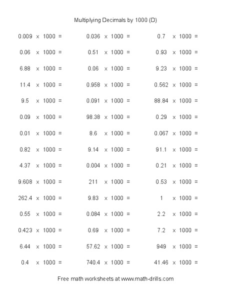 Multiplying Decimals by 1000 (D) Worksheet