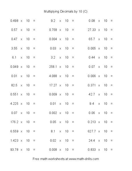 Multiplying Decimals by 10 (C) Worksheet
