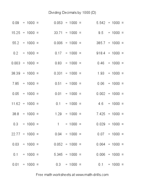 Dividing Decimals by 1000 (D) Worksheet