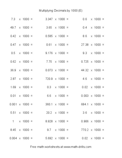 Multiplying Decimals by 1000 (E) Worksheet