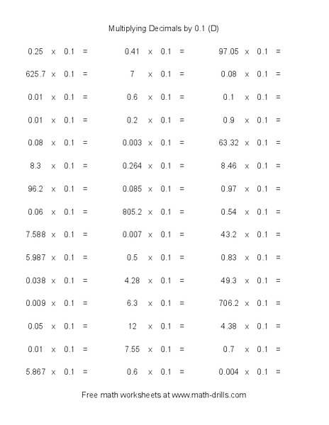 Multiplying Decimals by 0.1 (D) Worksheet
