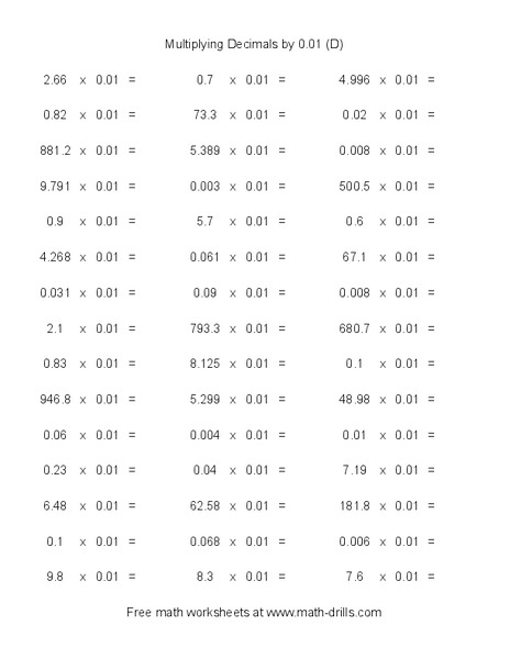 Multiplying Decimals by 0.01 [D] Worksheet
