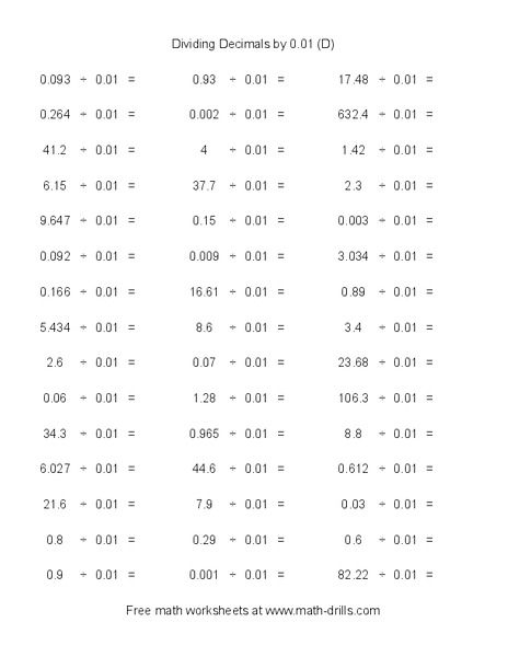 Dividing Decimals by 0.01 [D] Worksheet