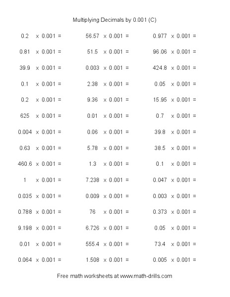 Multiplying Decimals by 0.001 (C) Worksheet