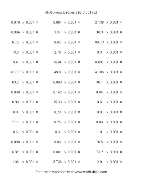 Multiplying Decimals by 0.001 (E) Worksheet