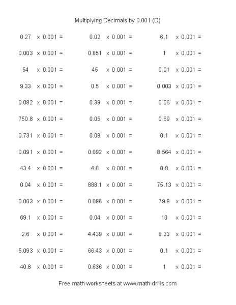 Multiplying Decimals by 0.001 (D) Worksheet