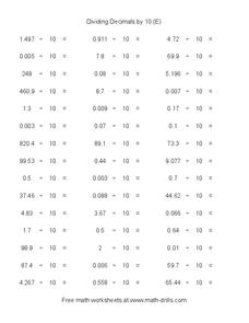Dividing Decimals by 10 [E] Worksheet