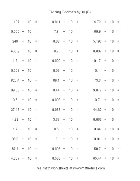 Dividing Decimals by 10 [E] Worksheet