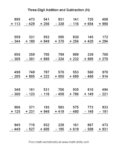 Three Digit Addition and Subtraction (N) Worksheet