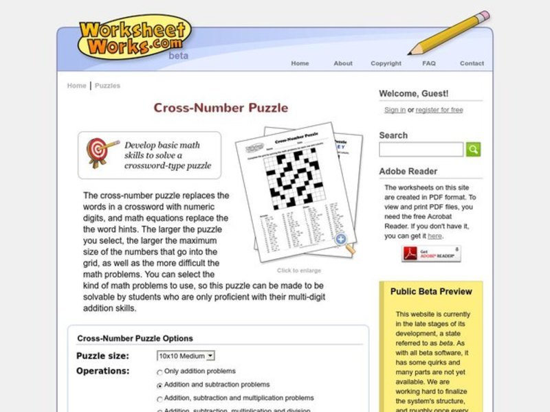 Cross Number Puzzle Worksheet