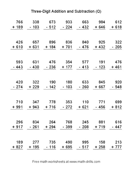 Three-Digit Addition and Subtraction (Q) Worksheet