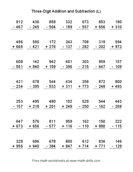 Three Digit Addition and Subtraction (L) Worksheet