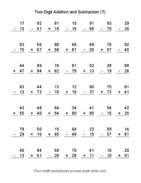 Two Digit Addition and Subtraction (T) Worksheet