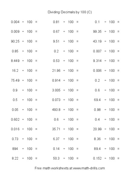 Dividing Decimals by 100 (C) Worksheet