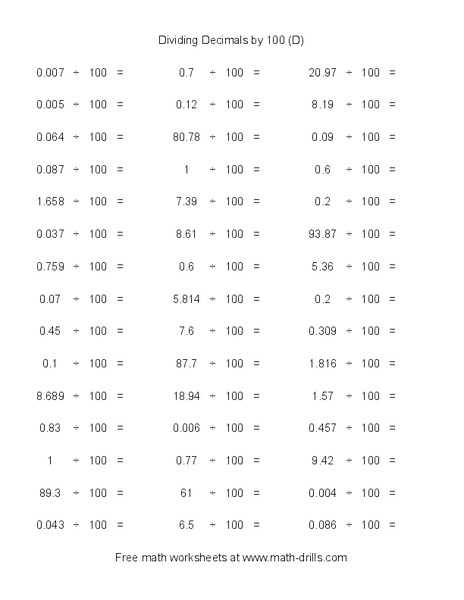 Dividing Decimals by 100 [D] Worksheet