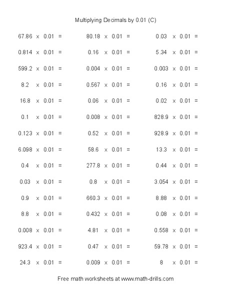 Multiplying Decimals by 0.01 (C) Worksheet