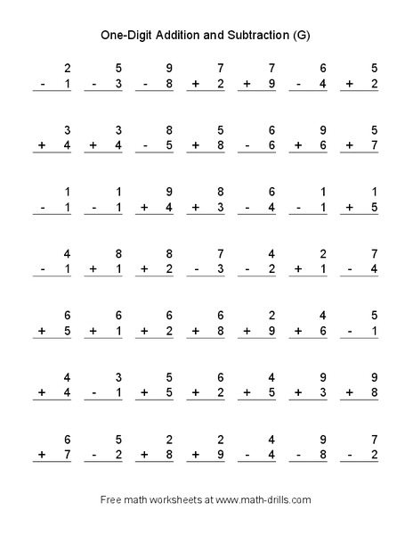One-Digit Addition and Subtraction [G] Worksheet