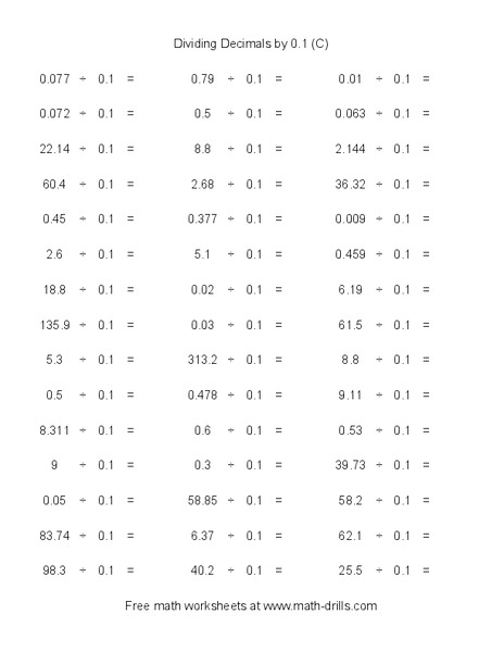 Dividing Decimals by 0.1 (C) Worksheet