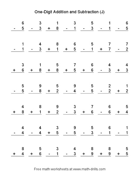 One Digit Addition and Subtraction (J) Worksheet