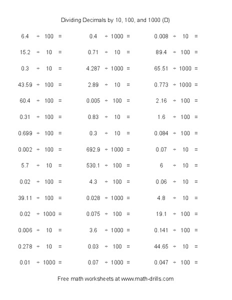Dividing Decimals by 10, 100 and 1000 [D] Worksheet
