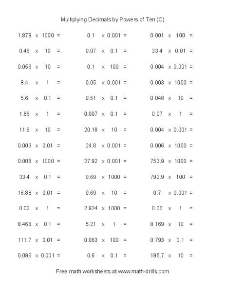 Multiplying Decimals by Powers of Ten (C) Worksheet