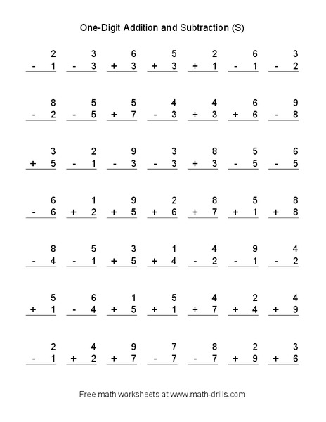 One-Digit Addition and Subtraction (S) Worksheet