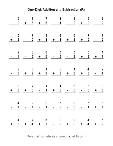 One Digit Addition and Subtraction (R) Worksheet