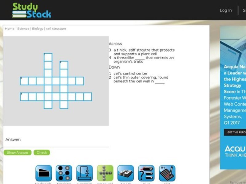 Cell Structure Crossword Puzzle Interactive
