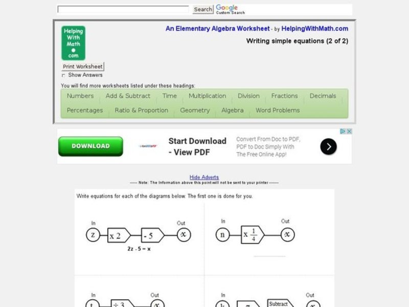 Writing Simple Equations Worksheet