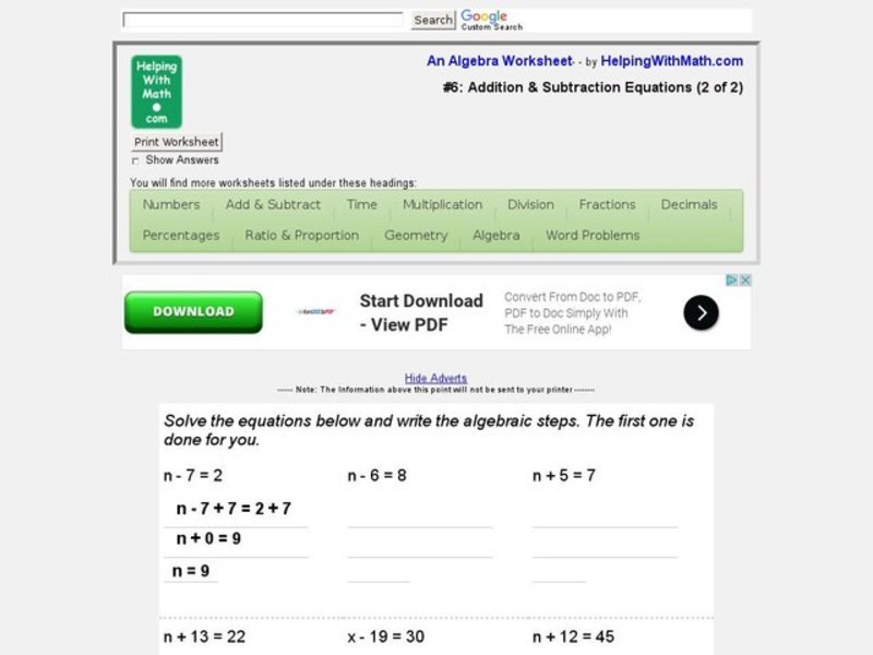 #6: Addition and Subtraction Equations (2 of 2) Worksheet