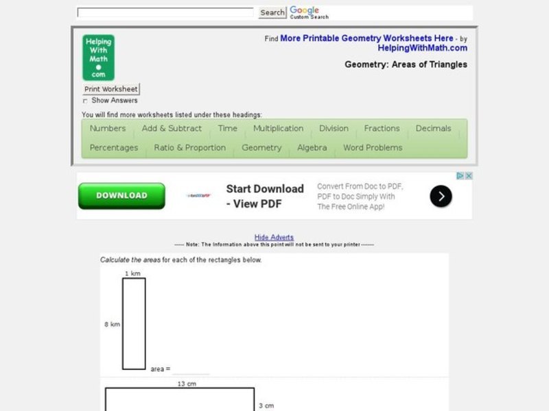 Geometry: Areas of Triangles Worksheet