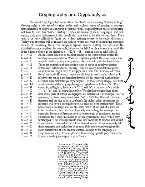 Cryptography and Cryptanalysis Worksheet