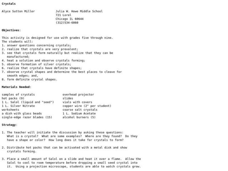 Crystals Lesson Plan