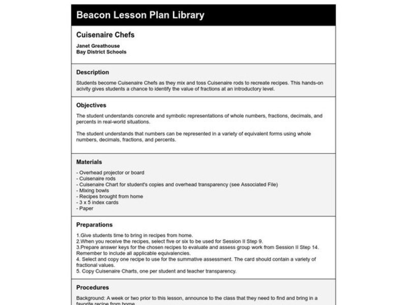 Cuisenaire Chefs Lesson Plan