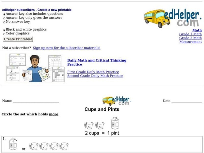 Cups and Pints Worksheet
