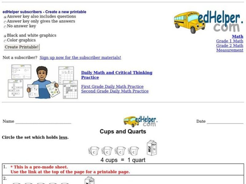 Cups and Quarts Worksheet