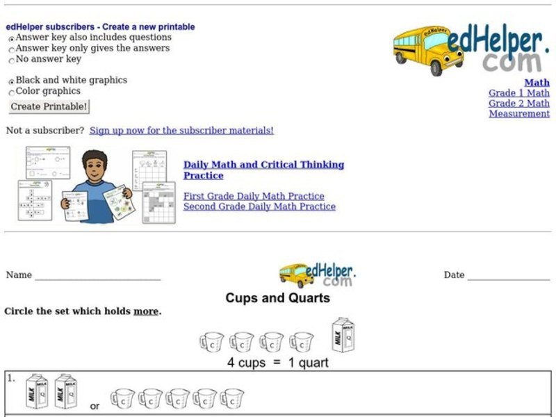 Cups and Quarts Worksheet