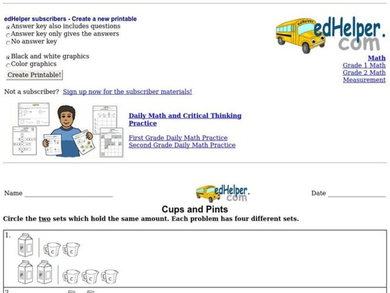 Cups and Pints Worksheet