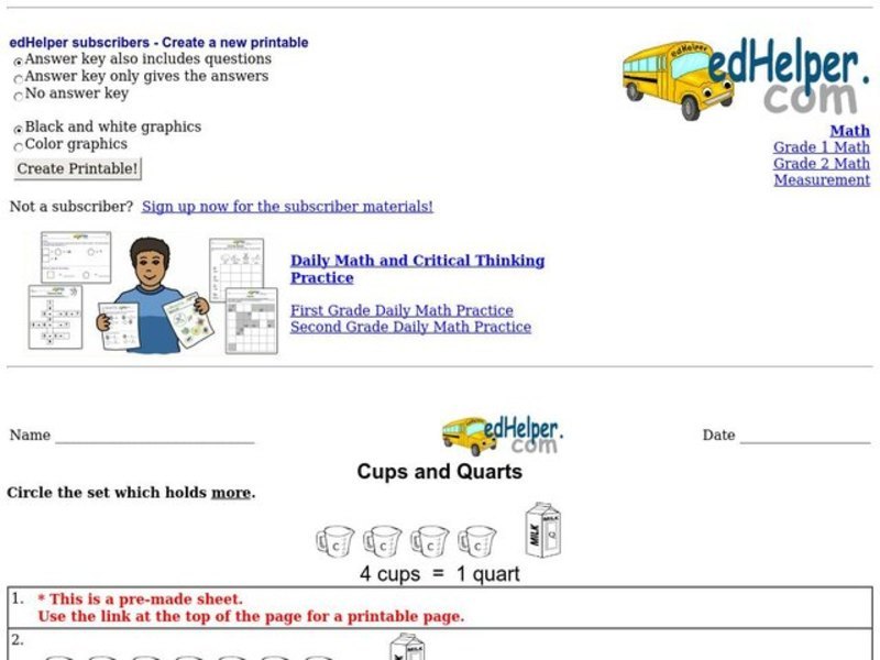 Cups and Quarts Worksheet