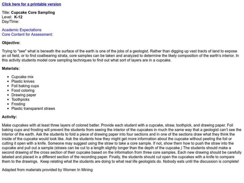 CUPCAKE CORE SAMPLING Lesson Plan