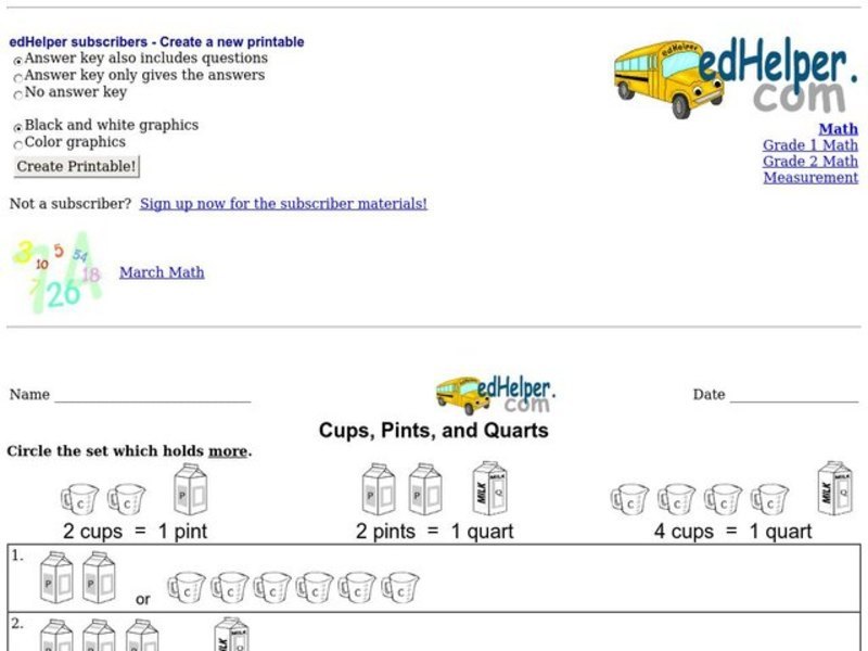 Cups, Pints, and Quarts Worksheet