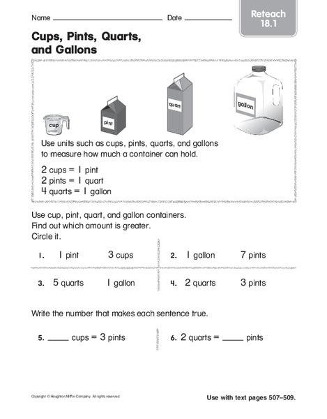 Cups, Pints, Quarts and Gallons Worksheet