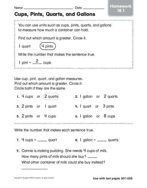 Cups, Pints, Quarts and Gallons Worksheet