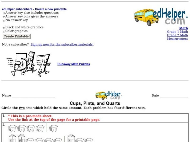 Cups, Pints, and Quarts Worksheet