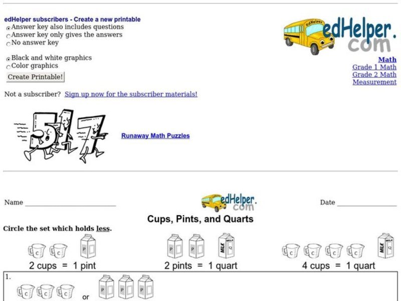 Cups, Pints, and Quarts 3 Worksheet
