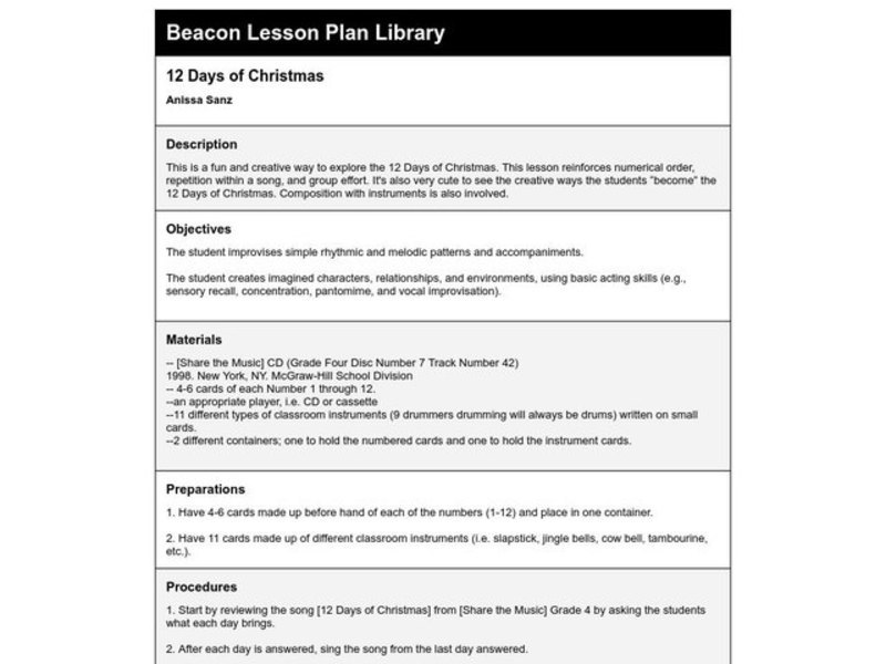 12 Days of Christmas Lesson Plan