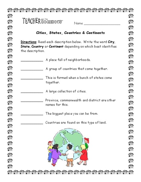 Cities, States, Countries & Continents Worksheet