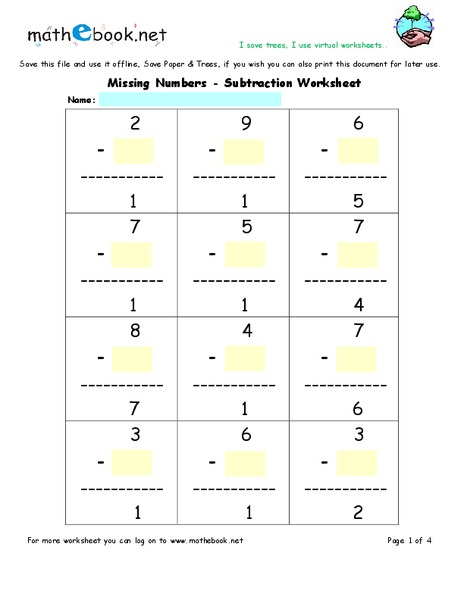 Missing Numbers - Subtraction Worksheet Interactive